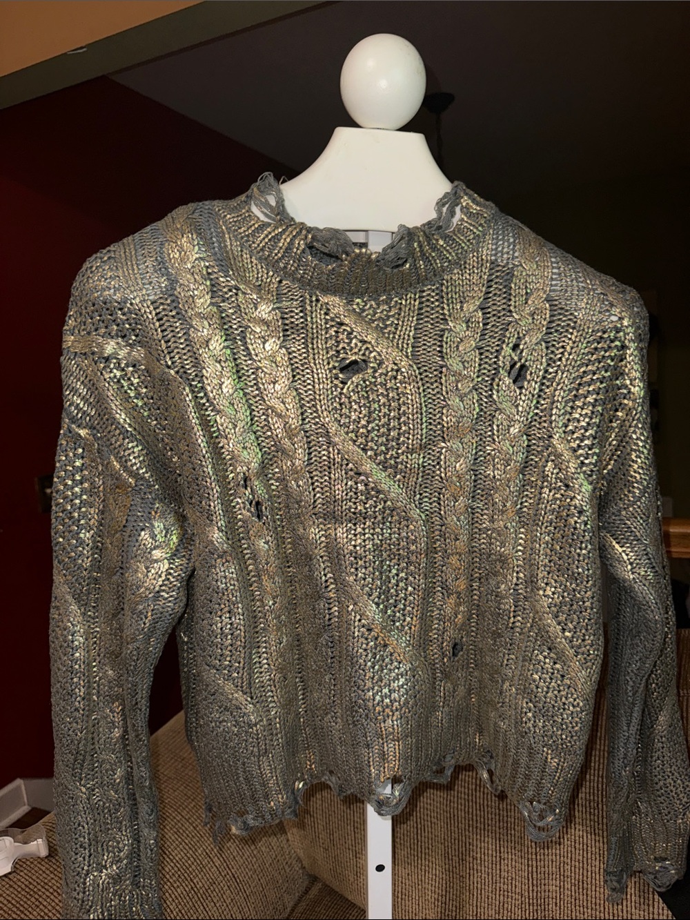 Distressed Cable Knit Sweater - Iridescent Olive